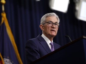 U.S. Federal Reserve Bank Chair Jerome Powell announces that interest rates will remain unchanged during a news conference at the Federal Reserves’s William McChesney Martin building on June 12, 2024 in Washington, DC.