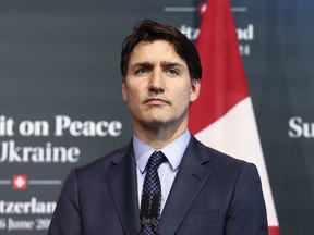 Prime Minister Justin Trudeau attends the closing press conference during the Summit on Peace in Ukraine on June 16, 2024 in Lucerne, Switzerland.