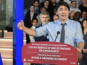 Prime Minister Justin Trudeau speaks during an announcement on innovation for economic growth in advance of the 2024 federal budget in Montreal on April 7, 2024.