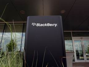 BlackBerry Ltd. signage is displayed in front of the company's headquarters in Waterloo, Ont. on July 6, 2016.
