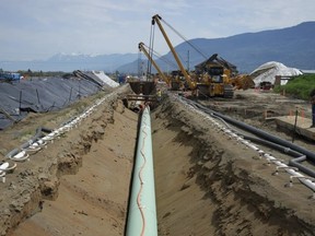 Workers lay pipe during construction of the Trans Mountain pipeline expansion on farmland, in Abbotsford, B.C., on May 3, 2023.