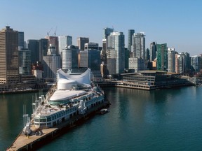 The Vancouver skyline and cruise ship terminal in Vancouver on March 22, 2023.