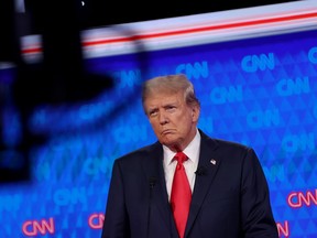 Republican presidential candidate, former U.S. President Donald Trump participates in the CNN Presidential Debate at the CNN Studios on June 27, 2024 in Atlanta.