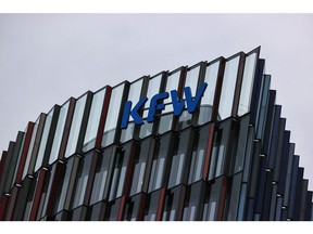 A logo on the KfW state-owned bank headquarters in Frankfurt, Germany, on Wednesday, May 26, 2021. Europe's labor market may recover more slowly from the pandemic than its economy, according to a study by Accenture. Photographer: Alex Kraus/Bloomberg