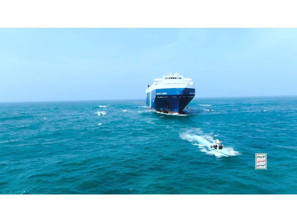 INTERNATIONAL WATERS RED SEA, YEMEN - NOVEMBER 20: This handout screen grab captured from a video shows Yemen's Houthi fighters' takeover of the Galaxy Leader Cargo in the Red Sea coast off Hudaydah, on November 20, 2023 in the Red Sea, Yemen. On Monday, the Houthi movement in Yemen released footage and photos of the Houthi-run coastguard taking over the Israeli-linked Galaxy Leader Vessel in the Red Sea, which had 52 people onboard. Galaxy Leader is owned by Galaxy Maritime Ltd in the Isle of Man and is linked to Israeli businessman Abraham Ungar through Ray Car Carriers.