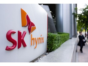 SK Hynix Inc. signage at the company's office in Seongnam, South Korea, on Monday, April 22, 2024. SK Hynix is scheduled to release earnings figures on April 25. Photographer: SeongJoon Cho/Bloomberg