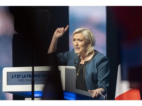 Marine Le Pen, leader of National Rally, speaks during a European election campaign rally in Paris on June 2.