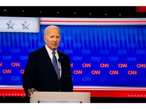 US President Joe Biden during the debate with former US President Donald Trump, not pictured, in Atlanta, Georgia, US, on Thursday, June 27, 2024. Biden and Trump are facing off for their first 2024 debate, a high-stakes opportunity to break through to politics-weary Americans and one that holds the potential for disastrous missteps.