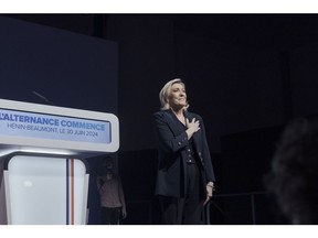 Marine Le Pen, leader of National Rally, arrives at the party headquarters following voting during the first round of legislative elections in Henin-Beaumont, France, on Sunday, June 30, 2024. Le Pen's National Rally was on track to dominate the first round of France's legislative election, dealing a major blow to President Emmanuel Macron and setting the stage for a far-right party to control the country's government for the first time in its modern history.