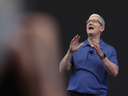 Apple chief executive Tim Cook delivers remarks at the start of the Apple Worldwide Developers Conference on June 10, 2024, in Cupertino, Calif. 