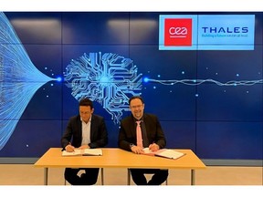 Alexandre Bounouh, Director of the CEA-List Institute, specialising in smart digital systems, and Bertrand Tavernier, CTO for Thales's Secure Communications and Information Systems business, at the signing of the partnership agreement on 30 April 2024 in Palaiseau, France.