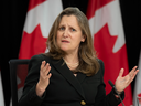 Deputy Prime Minister and Minister of Finance Chrystia Freeland responds to a question during a news conference, in Ottawa, May 1, 2024. Freeland introduced changes to the capital gains inclusion rate in the new budget.