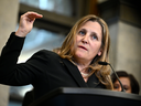 Deputy Prime Minister and Minister of Finance Chrystia Freeland speaks about changes to the capital gains tax inclusion rate, during a news conference on Parliament Hill in Ottawa, on Monday, June 10, 2024. 