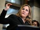 Deputy Prime Minister and Minister of Finance Chrystia Freeland speaks about changes to the capital gains tax inclusion rate, during a news conference on Parliament Hill in Ottawa, on Monday, June 10, 2024.