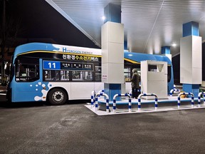 Hydrogen bus refueling at Nikkiso-equipped liquid-based hydrogen station in South Korea.