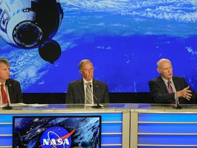 Tory Bruno, right, president and CEO of United Launch Alliance, speaks during a news conference with Steve Stich, left, manager of NASA's Commercial Crew Program, and Mark Nappi, center, vice president and program manager of the Commercial Crew Program for Boeing, after the launch of Boeing's Starliner Atlas V rocket was scrubbed at the Cape Canaveral Space Force Station for a mission to the International Space Station, Saturday, June 1, 2024, in Cape Canaveral, Fla.