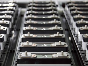 Lithium-ion battery cells on a production line at a plant in Japan.