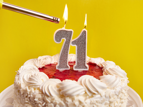Birthday cake with lit candles