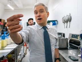 Minister of Innovation, Science and Industry of Canada François-Philippe Champagne gestures while touring the kitchen of Fable Ice Cream in Saskatoon on April 22, 2024.