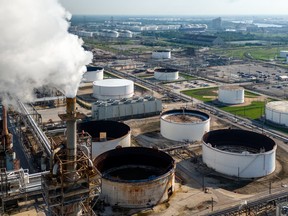 In an aerial view, smoke pours from the Lyondell Basell Houston refinery on June 14, 2024 in Houston, Texas.