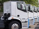 Lion 6 electric trucks, are assembled at the Lion Electric Company assembly plant in Saint-Jerome, Que. on Aug. 21 2023.