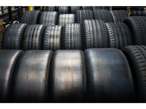 Rows of tires on the production line at the Michelin Gravanche manufacturing plant in Clermont Ferrand, France.