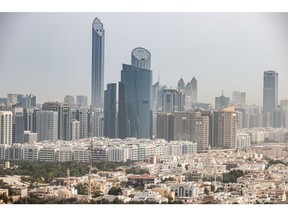 Residential and commercial skyscrapers on the skyline of Abu Dhabi, United Arab Emirates, on Sunday, April 10, 2022. Abu Dhabi regulators approved a framework for special purpose acquisition companies, looking to capture some of the blank-check boom that has gripped global markets for the past two years.