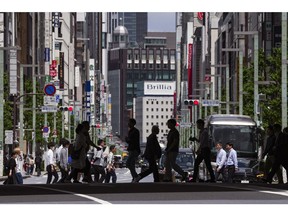 Pedestrians cross a road in the Ginza shopping district of Tokyo. Photographer: Toru Hanai/Bloomberg