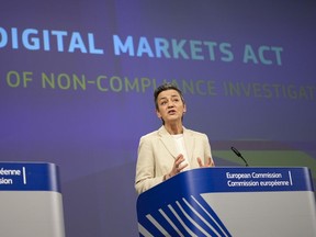 FILE - European Commissioner for Europe fit for the Digital Age, Margrethe Vestager speaks during a media conference regarding the Digital Markets Act at EU headquarters in Brussels, on March 25, 2024. European Union regulators accused social media company Meta Platforms on Monday, July 1, 2024 of breaching the bloc's new digital competition rulebook by forcing Facebook and Instagram users to choose between seeing ads or paying to avoid them.