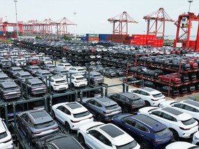 BYD electric cars are parked before loading on a ship at the international container terminal of Taicang Port at Suzhou Port, in China's eastern Jiangsu Province.