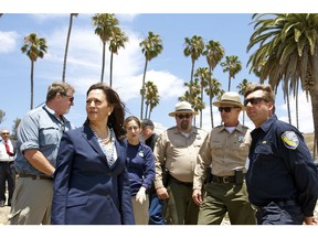 Kamala Harris tours the clean up efforts at the Refugio State Beach and surrounding area affected by an oil spill in June 2015. Source: HUM Images/Universal Images Group Editorial/Getty Images