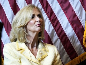 Mississippi Attorney General Lynn Fitch waits to speak at a Trump for President rally in Jackson, Miss., Thursday, June 6, 2024. Fitch was named a defendant in a lawsuit filed Friday, June 7, 2024, in federal court over a new Mississippi law requiring users of websites and other digital services to register their age. The suit by the tech industry group NetChoice contends the law will unconstitutionally limit access to online speech for minors and adults.