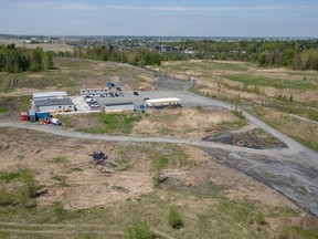 An aerial view of the land being developed by Northvolt, the new EV battery plant being built by the Swedish manufacturer in Saint-Basile-le-Grand, east of Montreal, Que.