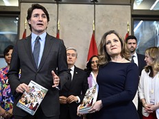 Prime Minister Justin Trudeau, Deputy Prime Minister and Minister of Finance Chrystia Freeland and cabinet ministers before the tabling of the federal budget on Parliament Hill in Ottawa, on April 16.