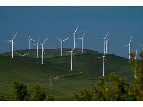 The Altamont Pass wind farm outside Tracy, California, US, on Thursday, April 6, 2023. California Governor Gavin Newsom lifted many of the water-use restrictions he imposed during the state's punishing three-year drought, now that months of intense rains have refilled reservoirs and inundated farm fields.