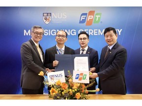 NUS School of Computing and FPT MOU Signing Ceremony in Singapore. L to R: Professor Tan Eng Chye, President, NUS; Professor He Bingsheng, Vice Dean (Research), NUS School of Computing; Mr. David Nguyen, CEO, FPT Asia Pacific; Dr. Truong Gia Binh, Founder and Chairman, FPT Corporation.