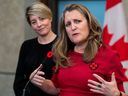 Minister of Finance and Deputy Prime Minister Chrystia Freeland speaks to reporters after a meeting of the Cabinet Committee on Canada-U.S relations following the election of President-elect Donald Trump on Parliament Hill in Ottawa, Friday, Nov. 8, 2024.