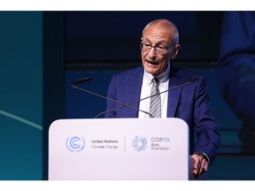 John Podesta, senior advisor to the President for clean energy innovation, speaks during a news conference at the COP29 climate conference in Baku, Azerbaijan, on Monday, Nov. 11, 2024. The United Nations climate change conference, COP29, runs through Nov. 22.