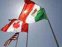 National flags representing the United States, Canada, and Mexico fly in the breeze. The three countries will be renegotiating their trade pact under a second Donald Trump presidency.