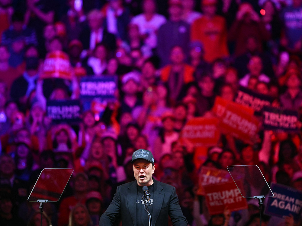 Elon Musk speaks at a rally for Donald Trump at Madison Square Garden in New York, Oct. 27, 2024. Men and Republicans are more likely to view DEI initiatives as a bad thing, a new report reveals.