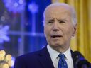 U.S. President Joe Biden speaks during a Hanukkah reception in the East Room of the White House in Washington on Dec. 16, 2024.