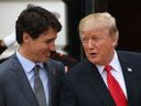 U.S. President Donald Trump (R) welcomes Canadian Prime Minister Justin Trudeau at the White House in Washington, D.C., on October 11, 2017.