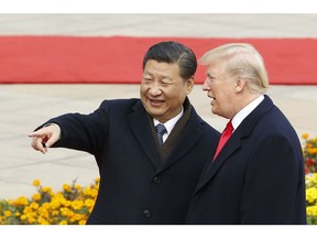BEIJING, CHINA - NOVEMBER 9: Chinese President Xi Jinping and U.S. President Donald Trump attend a welcoming ceremony November 9, 2017 in Beijing, China. Trump is on a 10-day trip to Asia.