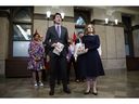 Prime Minister Justin Trudeau and Finance Minister Chrystia Freeland hold copies of the April federal budget.