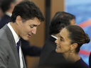 Justin Trudeau and Mexico's President, Claudia Sheinbaum, talk during the G20 Summit leaders meeting in Rio de Janeiro, Monday, Nov. 18, 2024.