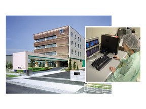 Nihon Medi-Physics headquarters and woman looking at molecular imaging images