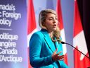 Foreign Affairs Minister Melanie Joly speaks during a press conference regarding the launch of the Arctic Foreign Policy during an event at Global Affairs Canada headquarters, in Ottawa on Dec. 6, 2024.