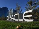 A sign is posted in front of Oracle headquarters on Dec. 09, 2021 in Redwood Shores, California.