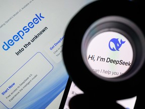 In this photo illustration, the Deepseek logo is seen through a magnifying loupe while displayed on a mobile phone screen on Jan. 29, 2025 in London, England.