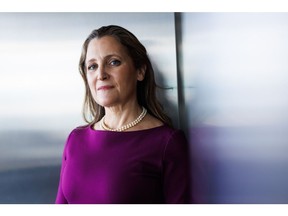 Chrystia Freeland, Canada's former finance minister and candidate for Liberal Party leader and prime minister, in Toronto, Ontario, Canada, on Tuesday, Jan. 28, 2025. Canada can work with US President Donald Trump's administration to reshape global trade and weaken China's dominance of supply chains, according to Freeland, the Canadian politician who's vying to replace Justin Trudeau as prime minister.